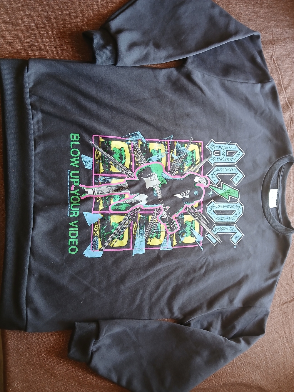 AC/DC Black Sweatshirt with Neon Green Pink Blue Graphic